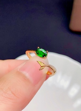 s925银镀18K金鱼尾戒指空托椭圆4*5/4*6mm天然托帕石透辉石礼物