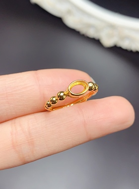 s925银饰戒指空托椭圆4*6mm包镶时尚开口可调节个性潮牌镀金戒托