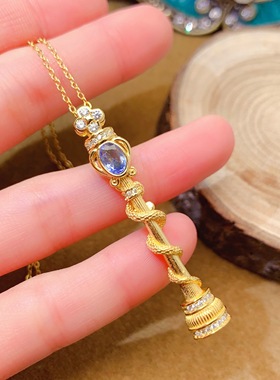 s925银饰吊坠空托椭圆4*6mm轻奢金色拉丝魔法棒灵蛇权杖重祖母绿