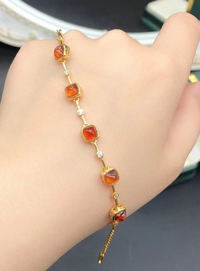 s925银镀金手链空托方5*5mm时尚包镶简约大气芬达石榴石塔糖手链