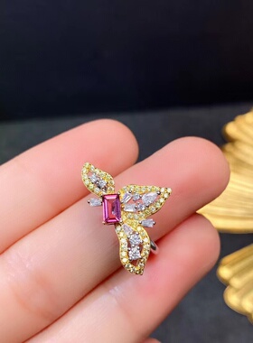 时尚个性蝴蝶戒指镶嵌空托长方3*5mm s925纯银镀18K金 开口可调节