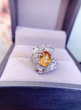 s925银饰戒指空托椭圆形7*9mm柔美典雅镀金戒指空托活口镶黄水晶