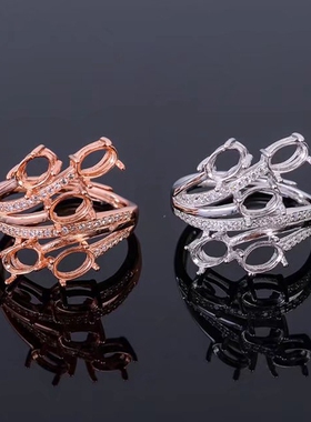 925银戒指空托时尚5粒diy碧玺