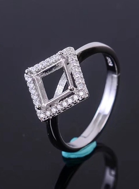 s925银戒指空托方形戒指托翡翠