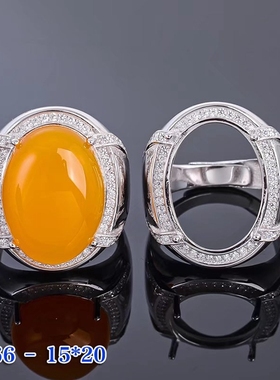 大尺寸活口蜜蜡玉石玛瑙银戒指