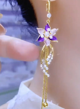 彩花朵流苏耳钩耳环女