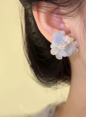 小众几何绽放蓝色玫瑰花耳钉耳环