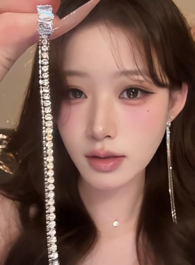 超长款银色锆石爪链流苏耳钉耳环女夸张气质设计感超仙时尚配饰潮