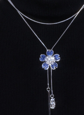 蓝色镶钻花朵流苏毛衣链项链女