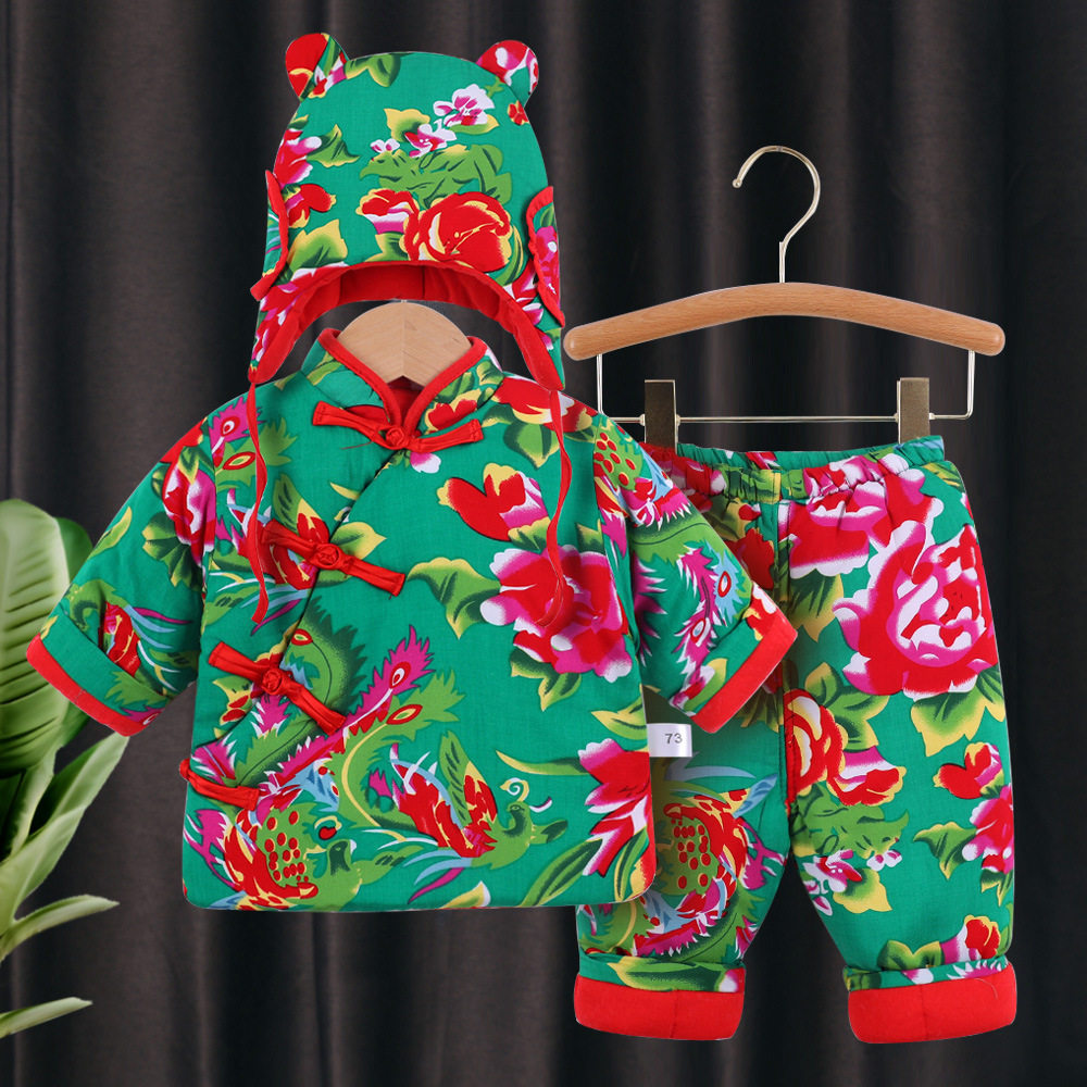 新年款东北大花袄国潮风安阳婴童装套装宝宝秋冬套装东北大花