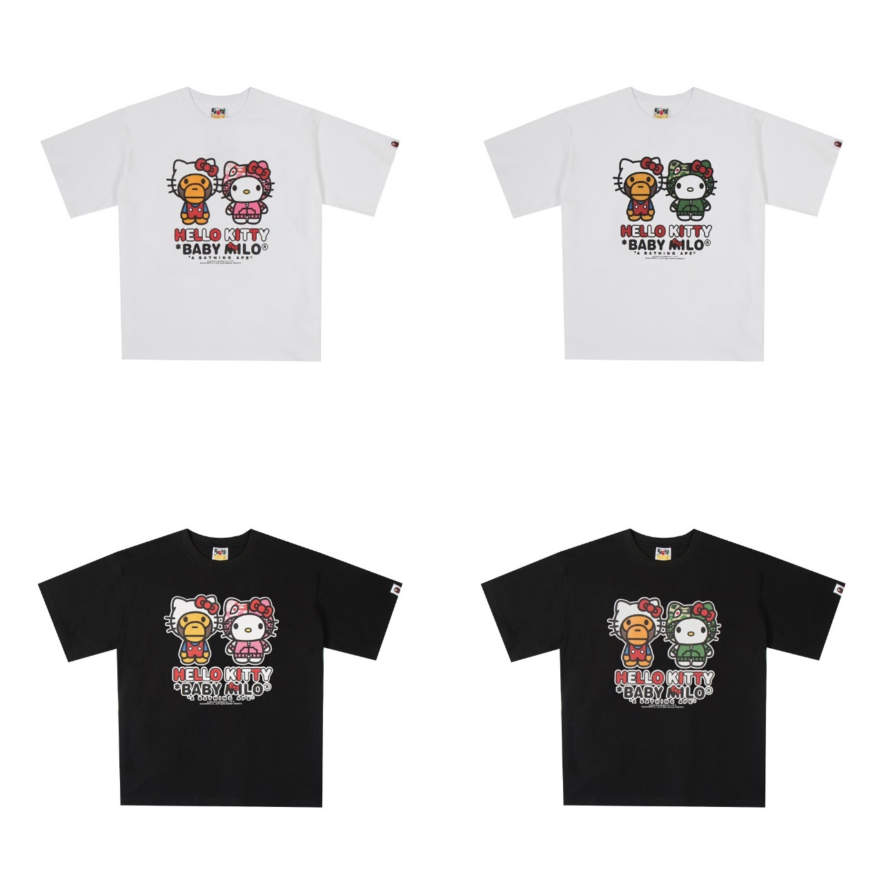 Bape X HelloKitty经典INS字母印花纯棉宽松男女情侣款短袖t恤 - 图1