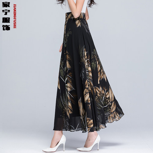 2022夏季新款碎花大码雪纺半身长裙女士高腰A字中年跳舞半身裙子 - 图2