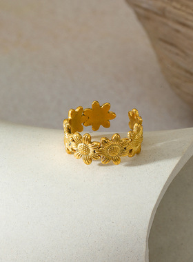 欧美流行不锈钢树叶开口戒指女不掉色个性不规则线条花朵钛钢戒指