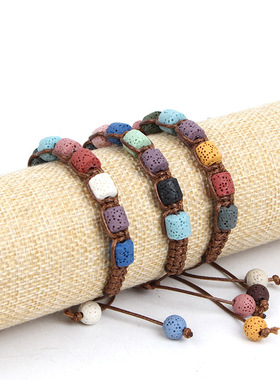 欧美新款火山石手工编织手链马卡龙色系可调节民族风情侣手环