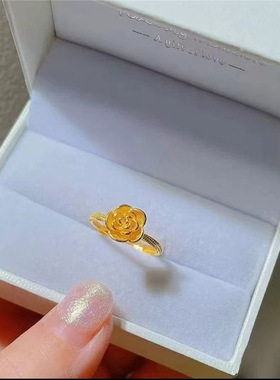 金色玫瑰花戒指女实心时尚搭活口麻花边指环送女友礼物
