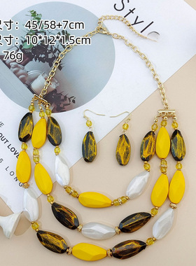 跨境时尚三排仿古套链复古三层亚克力项链耳环套装