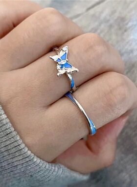 小众感梦幻蓝蝶夜光蝴蝶情侣对戒发光氛围感男女戒指