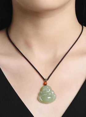 纯天然阿富汗玉青白玉佛公吊坠女款晴水冰种大肚弥勒佛笑佛挂件