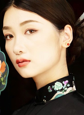 一生安朱砂霜华耳钉女纯银镶嵌宫廷风新中式国风耳饰本命年礼物
