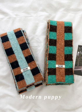 韩系时髦y2k撞色格子细条窄围巾女生秋冬季穿衣搭配保暖护颈围脖