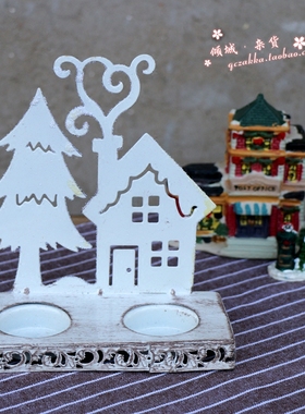 做旧铁艺烛台 圣诞树房子蜡烛投影烛台 复古桌面摆件拍摄道具