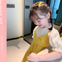 2022 summer dress new girl Korean version of the foreign pai fake two pieces of solid color slip dress baby summer short sleeves princess skirt tide