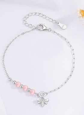 S925纯银红猫眼石小蜜蜂手链简约