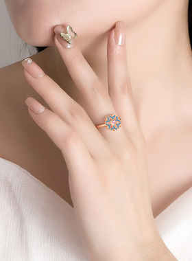 S925纯银旋转雪花可调节女戒饰品