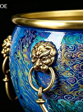 CALOE 蓝釉狮耳铜缸大师匠造孤品 非遗大漆工艺 大宅玄关典藏摆件