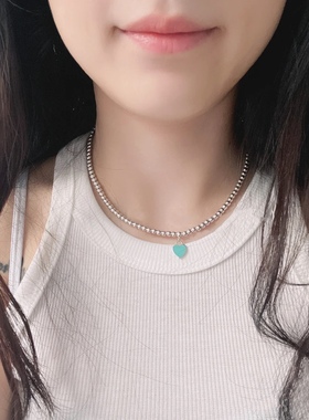 圆珠项链珐琅爱心蓝色纯银锁骨链