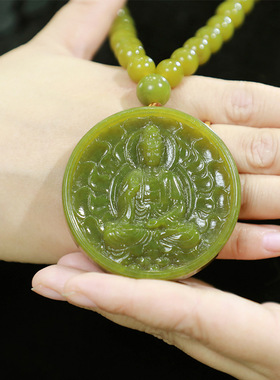 荷花玉器岫玉吊坠观音圆牌吊坠手工雕刻玉石项链古典精美温润送礼