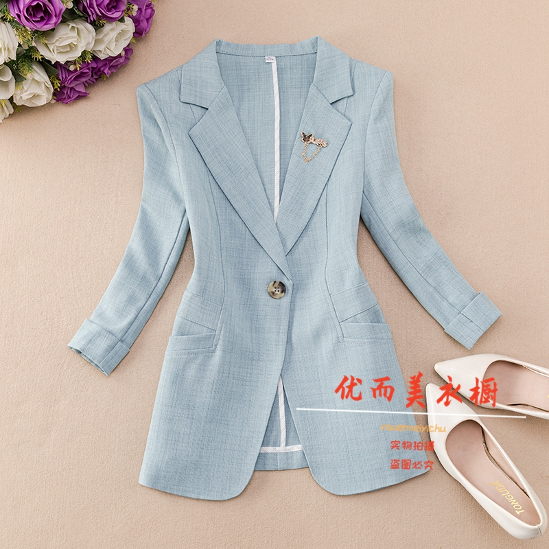 春夏季新款小西服女2025修身显瘦七分袖外套薄款百搭一粒扣上衣潮 - 图0