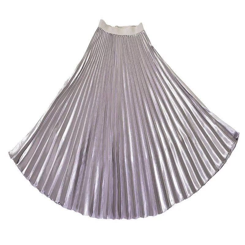 春秋季金属色中长款高腰显瘦百褶裙 深水鱼时尚女装半身裙