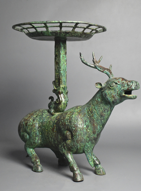 青铜器仿古做旧铭文鹿举灯台家居装饰蜡台摆件古玩收藏影视工艺品
