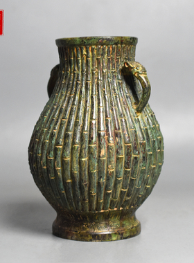 青铜器仿古竹节纹双耳插花瓶铜壶