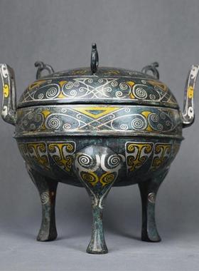 错金银做旧三足圆鼎几何纹铜鼎