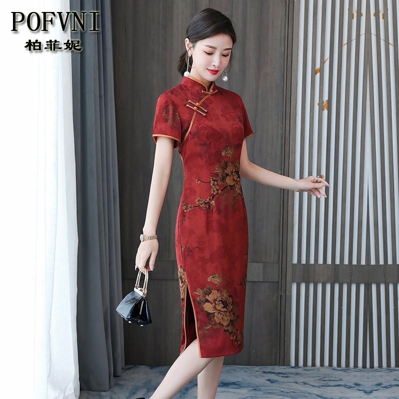 年轻款复古红色仿真丝旗袍连衣裙 柏菲妮旗袍