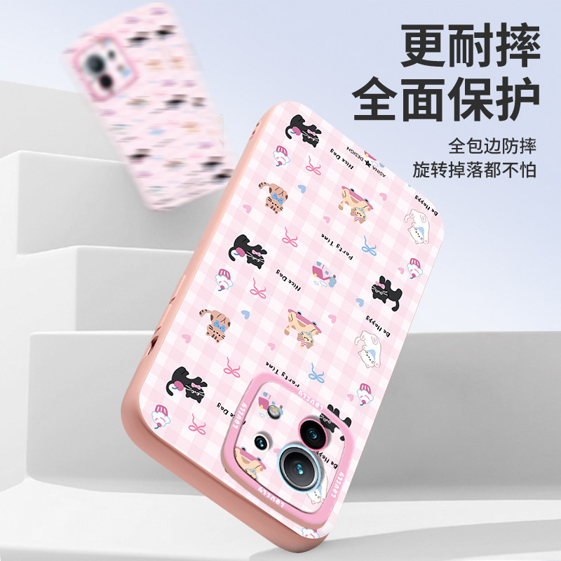 粉色格子小猫适用小米17Promax手机壳新款小米15液态硅胶12s保护套13女创意Ultra可爱镜头全包网红红米k6014,淘宝优惠券,粉丝福利购,淘宝优惠卷