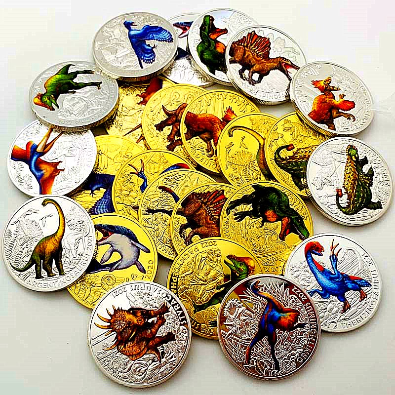恐龙动物霸王龙镀金彩印纪念章 创意工艺金币迅猛龙儿童礼物硬币 - 图3