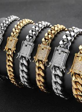 欧美跨境嘻哈饰品不锈钢古巴手链