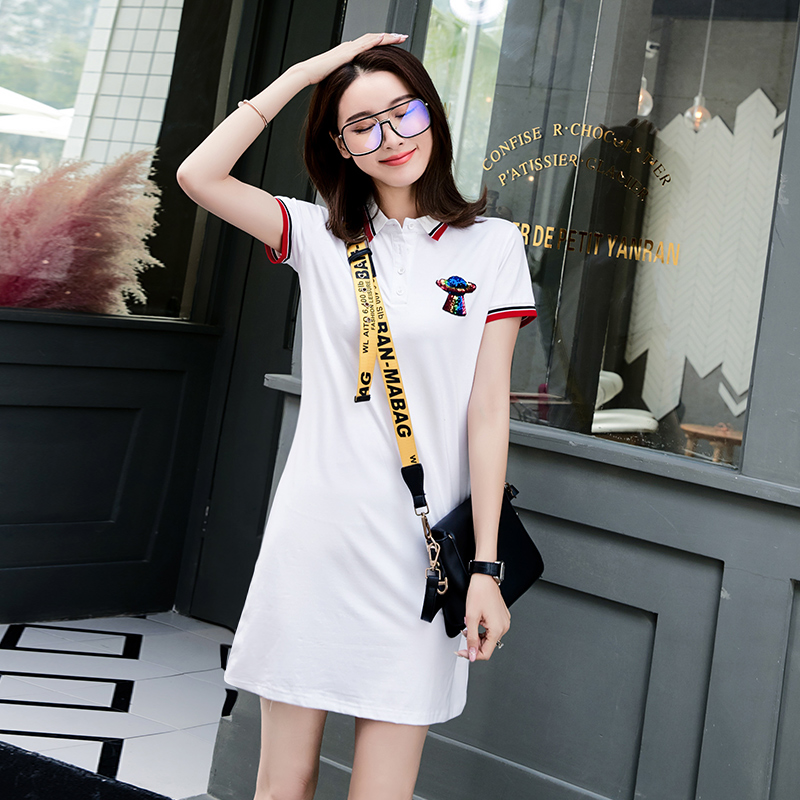 清歌旗舰店夏装新款韩版红色显瘦POLO领休闲运动连衣裙女夏季a字裙子潮1