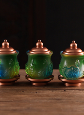 浮雕圣水杯带盖供佛摆件七彩琉璃