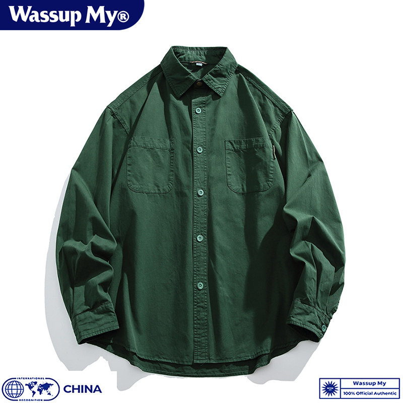 Wassup Shark秋季新款纯色工装长袖衬衫男女情侣纯棉宽松衬衣外套