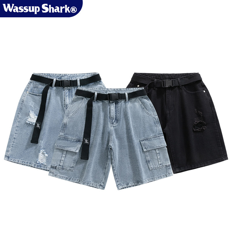 Wassup Shark美式做旧破洞牛仔短裤男夏季薄款五分裤宽松休闲裤子,淘宝优惠券,粉丝福利购,淘宝优惠卷