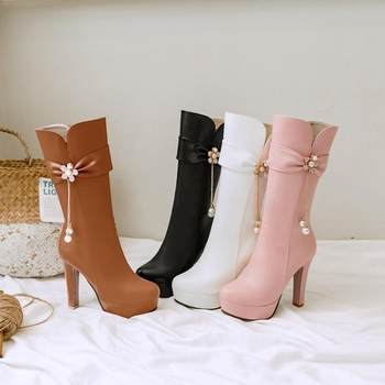 2024 ເກີບໃຫມ່ຂອງແມ່ຍິງກາງ-calf boots fashion boots ultra-high heels waterproof platform versatile Korean style knight boots ເກີບດ່ຽວສີຂາວ