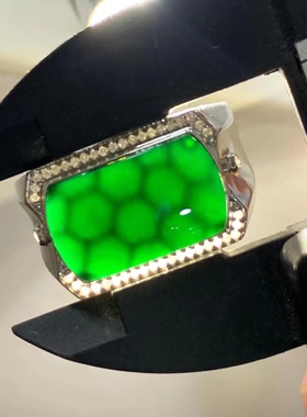 凝墨为翠家天然翡翠18k白金镶嵌墨翠男士戒指黑度极黑打灯翠绿