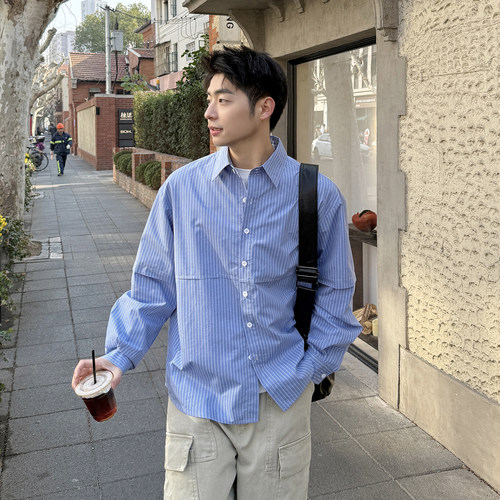 【双袖假两件】春季蓝色条纹长袖衬衫男生工装风休闲衬衣外套新款 - 图1