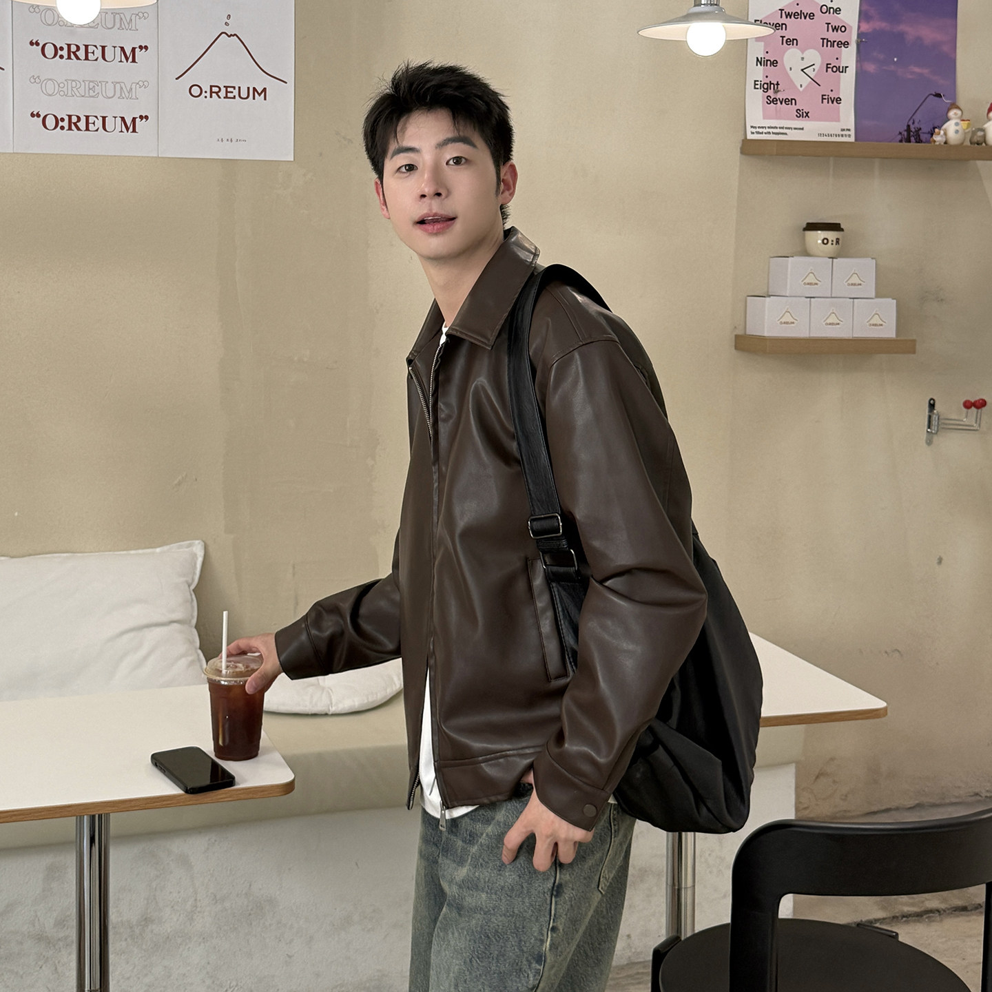 暗物质咖啡色翻领短款皮衣男生2025新款秋季休闲宽松防风夹克外套,淘宝优惠券,粉丝福利购,淘宝优惠卷