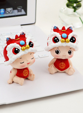 可爱小老虎新年吉祥物虎狮摇头公仔汽车载装饰喜庆客厅桌面摆件