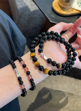 海誓山盟天然黑曜石草莓晶虎眼男女情侣款酷黑色高级手串双圈礼物